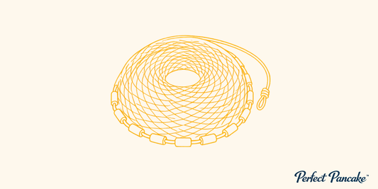 Minimalist sand cream graphic with a gold coiled cast net icon — Perfect Pancake cast net care guide